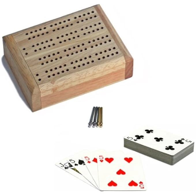 Classic Cribbage Board - 2 Track Solid Wood Metal Pegs Set