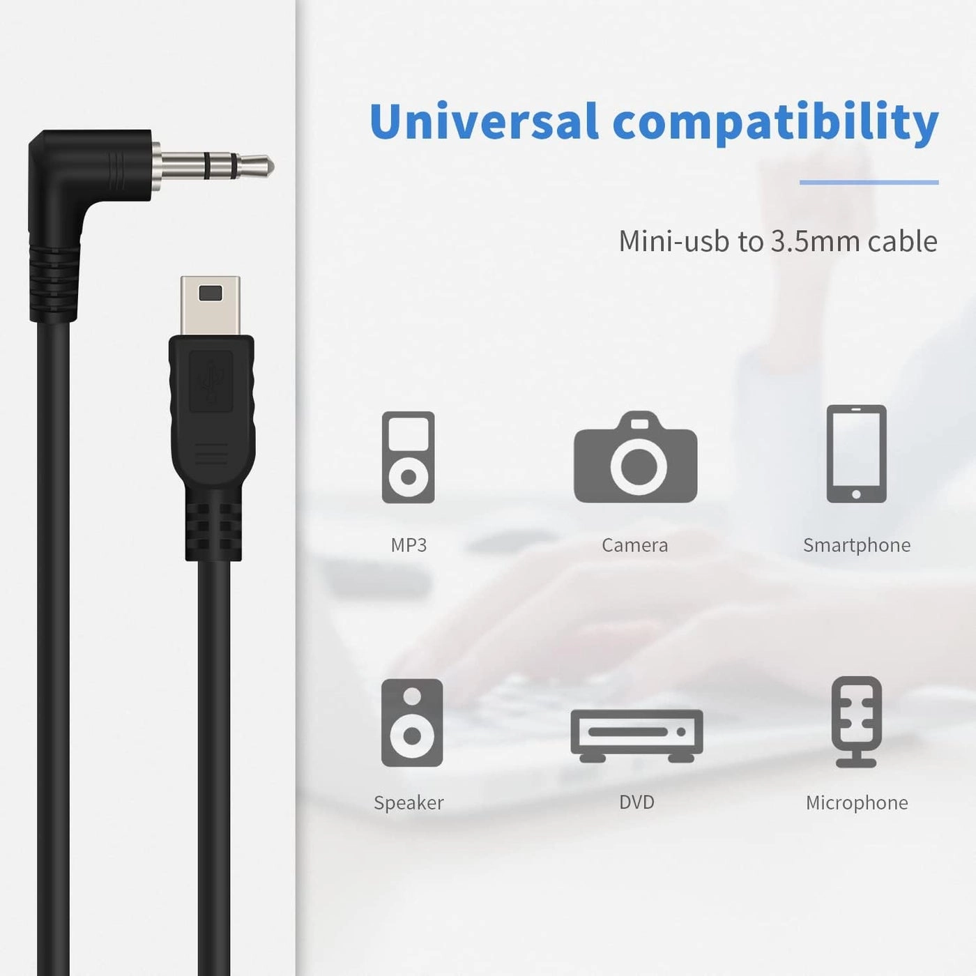 Right Angled 90 Degree 3-Pole 3.5mm DC Male AUX Audio Jack to Mini USB Male Microphone Adapter Cable - 0.3m