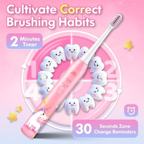 Kids Electric Toothbrush - Rechargeable 3 Modes Unicorn Pink
