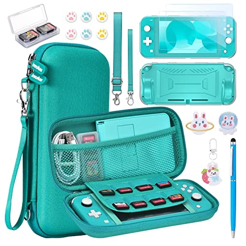 Switch Lite Carrying Case - Turquoise + Switch Game Case + Switch Lite Screen Protector + Switch Stand + Switch Thumb Grips