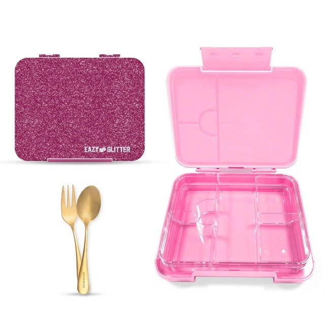 Bento Lunch Box - Convertible 4/6 + Water Bottle - 550ml Double Wall + Spoon - Golden + Fork - Golden + Cutlery Bag
