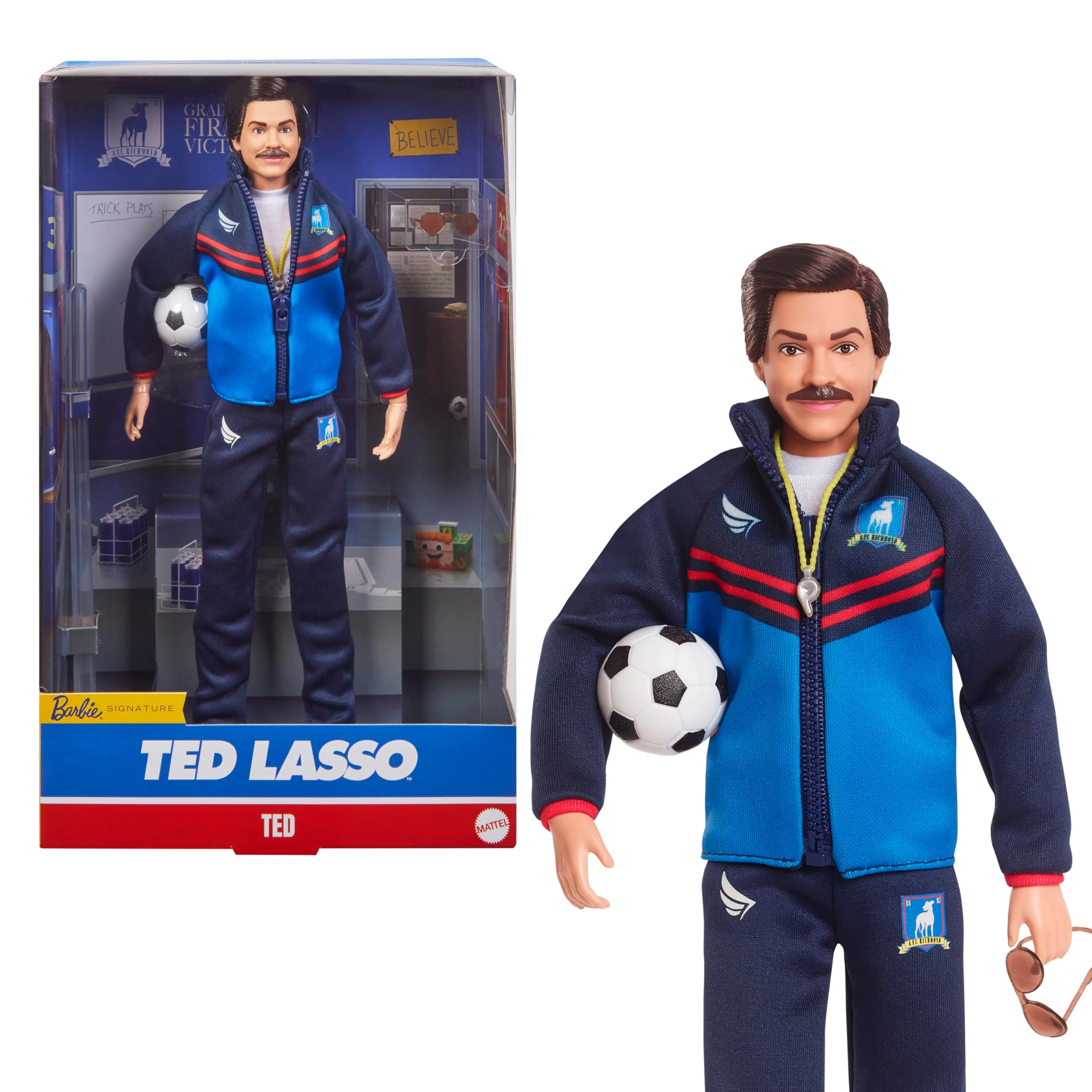 Barbie Ted Lasso Collectible Doll - Iconic Blue AFC Richmond Tracksuit Aviators Displayable Packaging