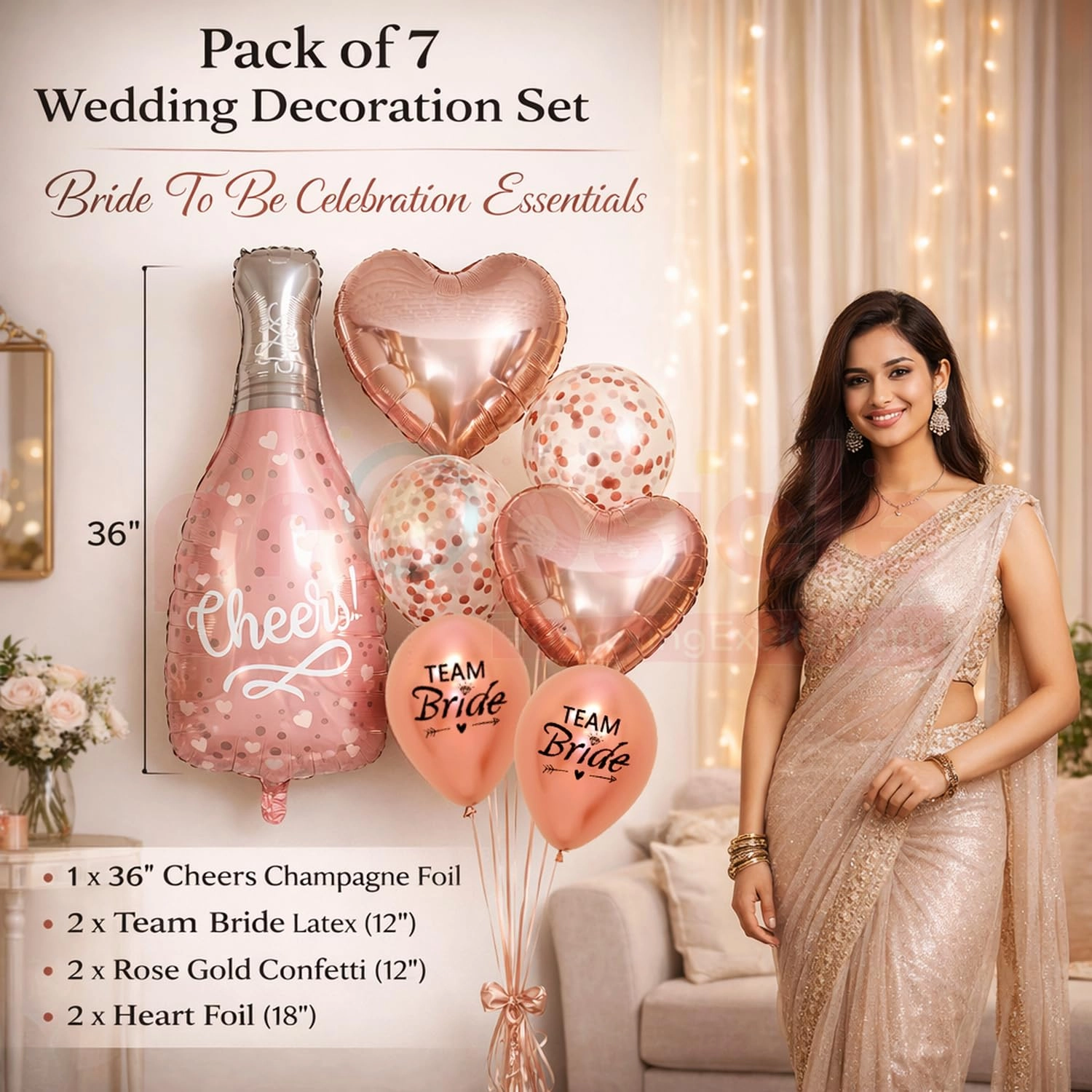 Cheers Champagne Bottle Balloon + Heart Foil Balloon + Confetti Balloon + Team Bride Balloon - Pack of 7 Bachelorette, Bridal Shower