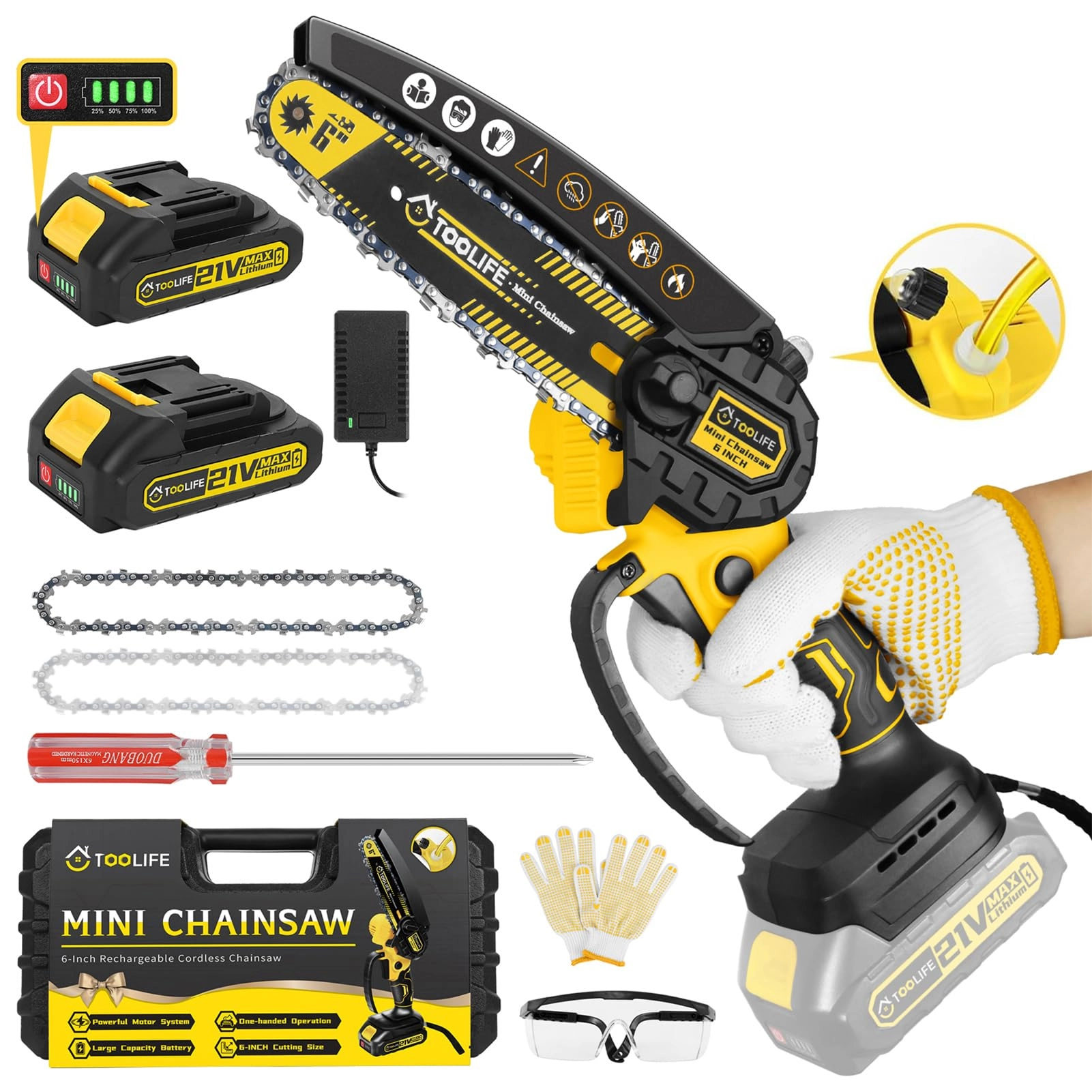 TOOLIFE Tech 6inch Mini Chainsaw - 2000mAh 21V Battery