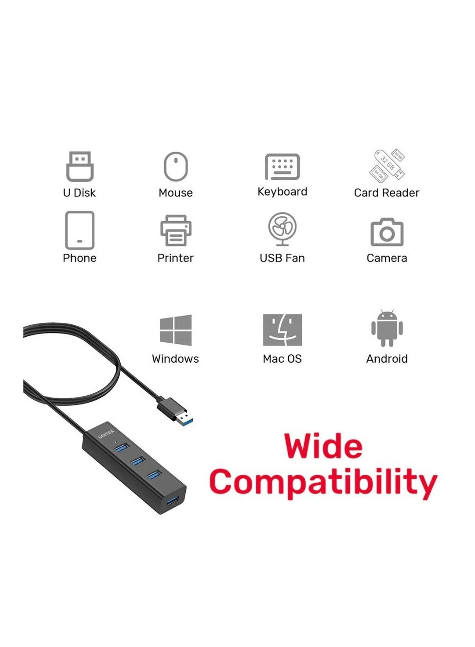 4-in-1 USB-A Hub - 5Gbps 1.2 m cable