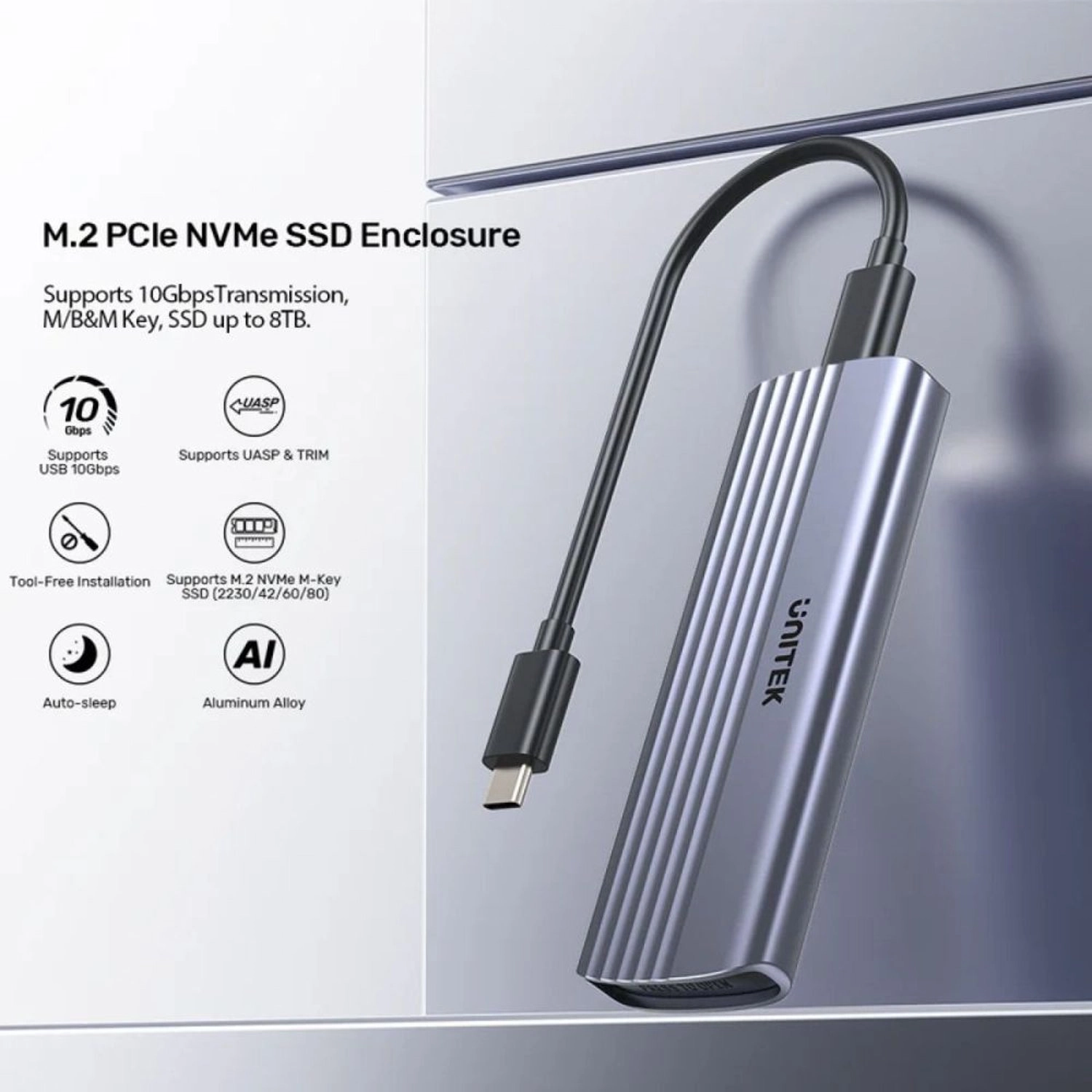 M.2 PCIe NVMe SSD Enclosure - 10Gbps USB-C M.2 NVMe M-Key 2230/2242/2260/2280