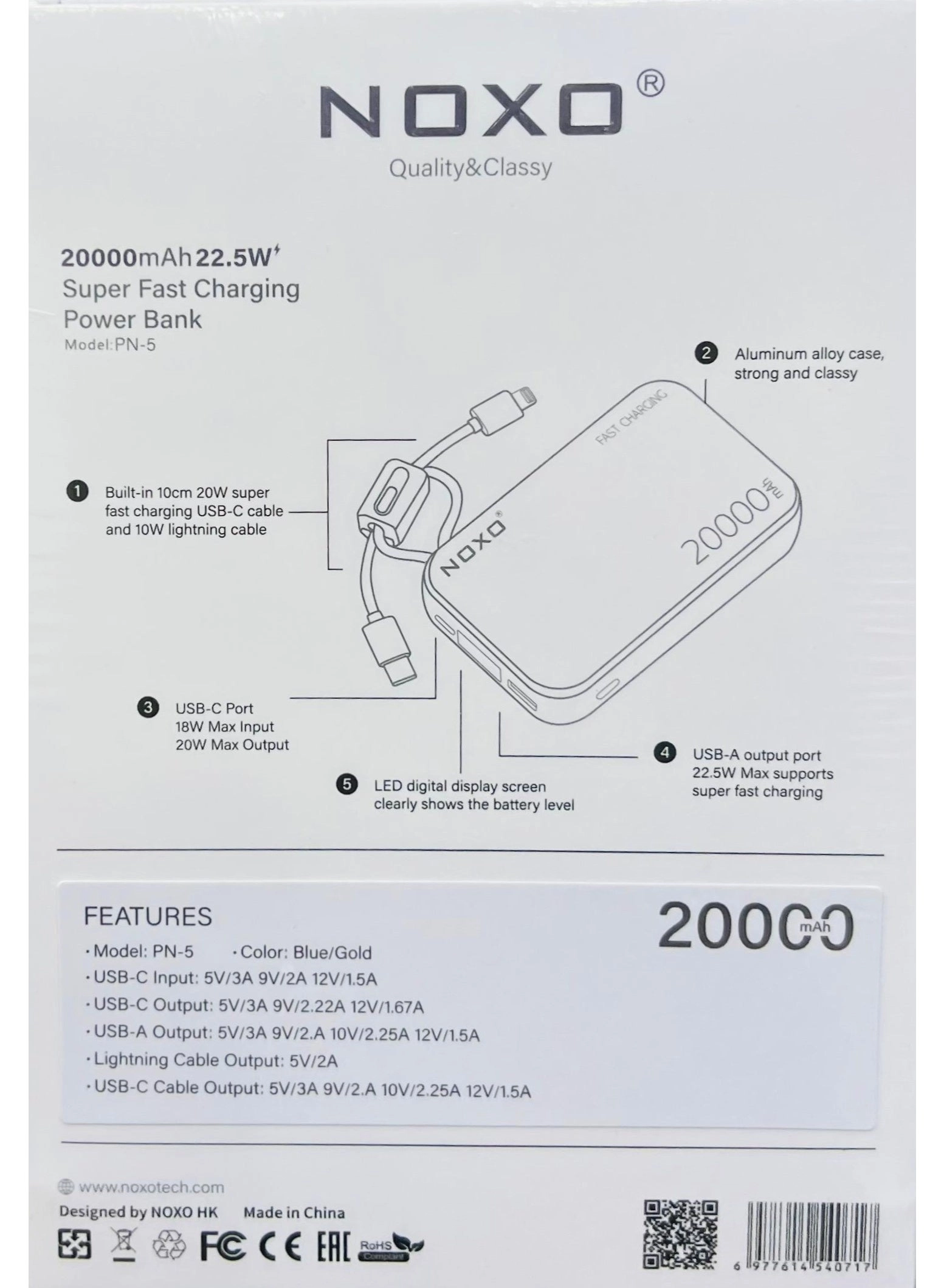 NOXO Power Bank - 20000 mAh 22.5W Fast-Charging