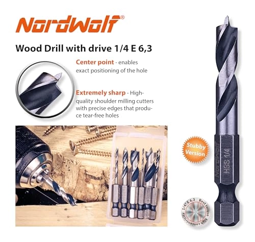 HSS Brad Point Stubby Wood Drill Bit Set - 7-Piece 1/16"-3/32"-1/8"-3/16"-1/4"-5/16"-3/8"
