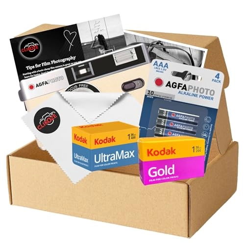 35mm Reusable Film Camera + Ultramax 400 - 36exp + Gold 200 - 36exp + Battery - AAA + Lens Cloth - Black + Photography Tips Card