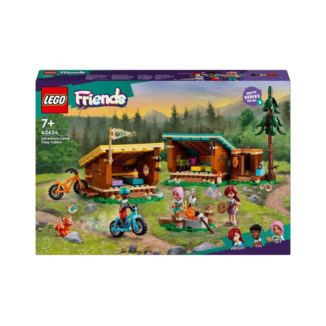Friends Adventure Camp Cozy Cabins (42624) - 3 mini dolls fox 2 mountain bikes