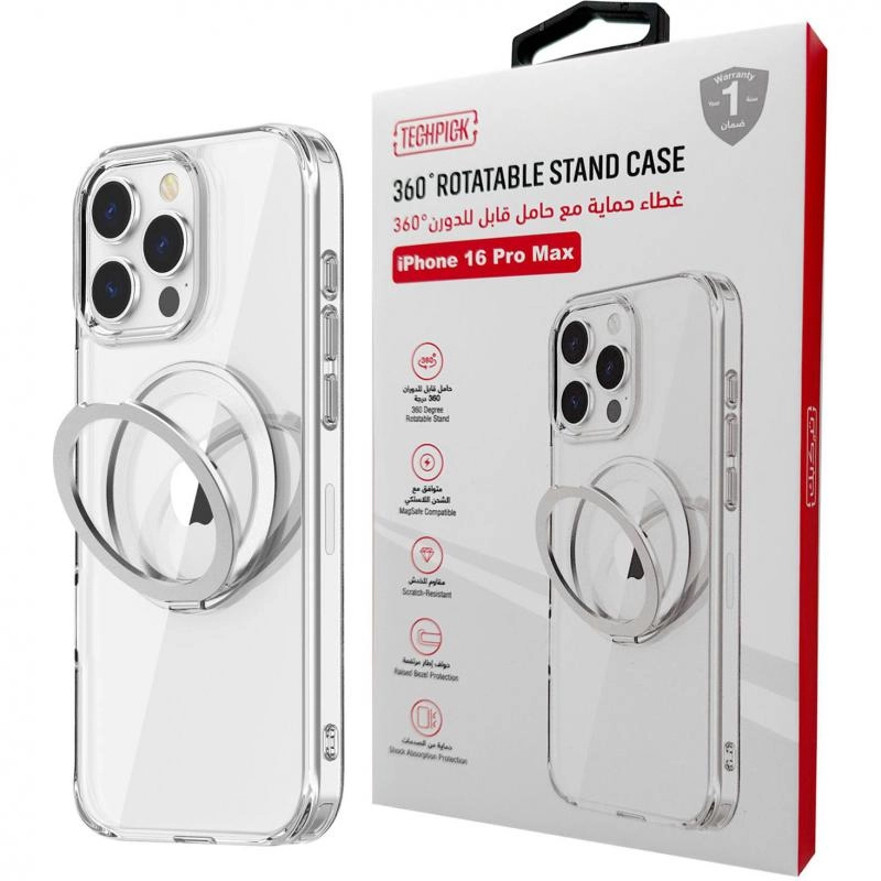 Techpick 360 Degrees Rotating Back Cover Mobile Case - PC/TPU Material Back Cover with Grip Stand for iPhone 16 Pro Max