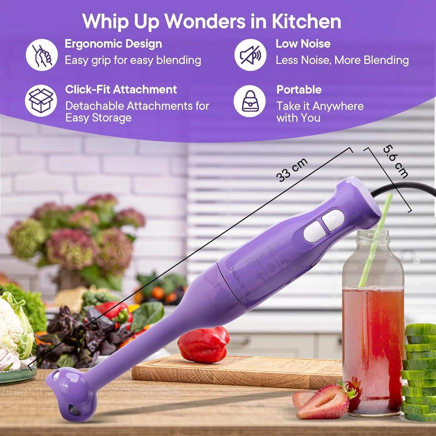 Hand Blender - Stainless Steel Blade Detachable Body 2 Speed Modes Purple