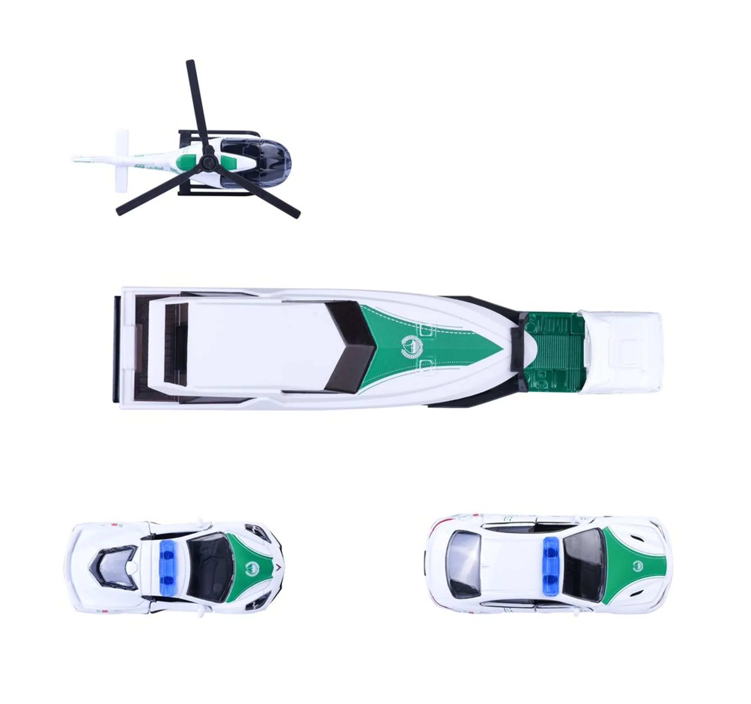Alfa Romeo Giulia + Chevrolet Corvette + Helicopter + Truck + Boat - 1:64 12 Pcs