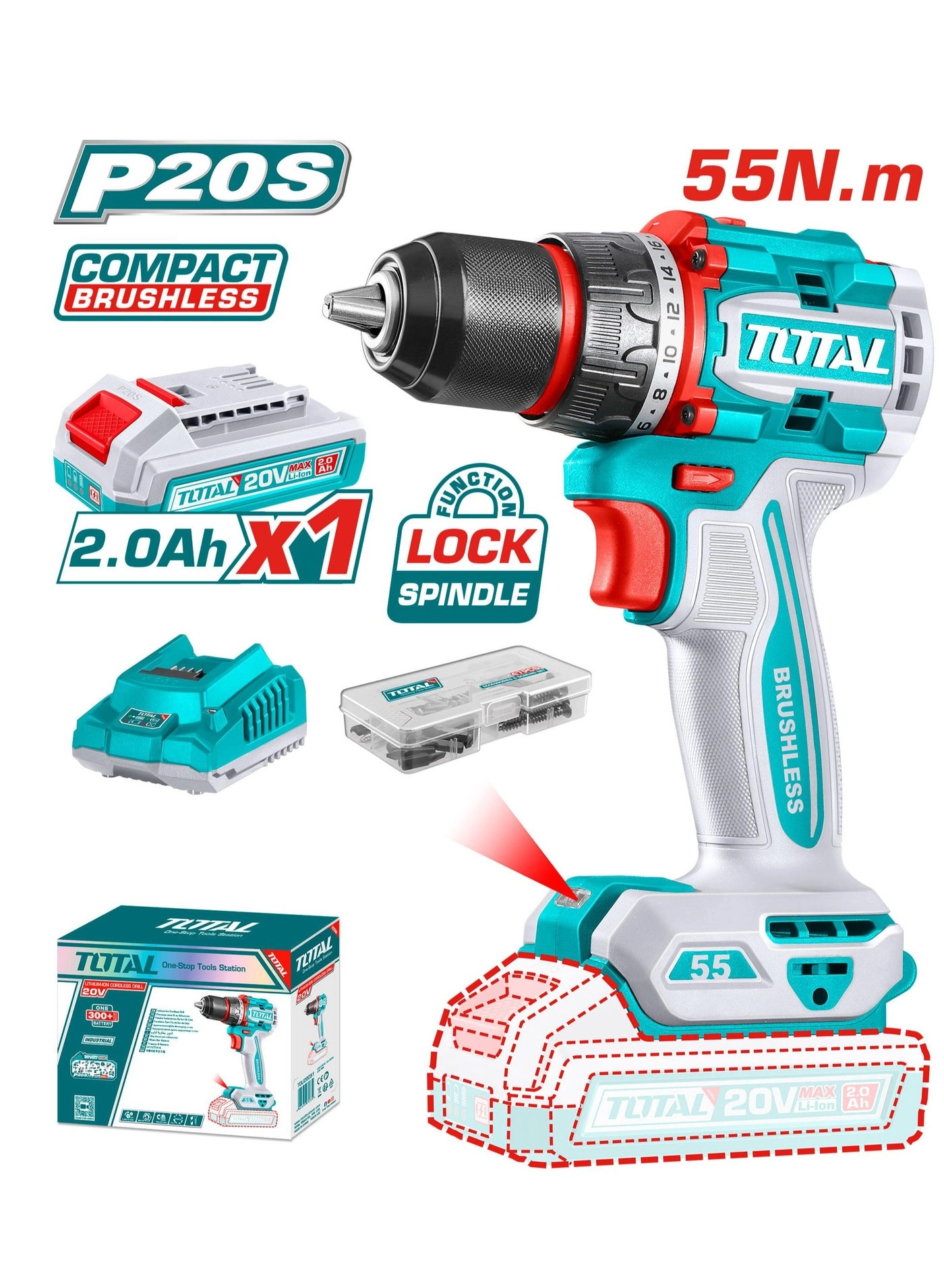 Compact Brushless Cordless Impact Drill - 2 Amp Hours