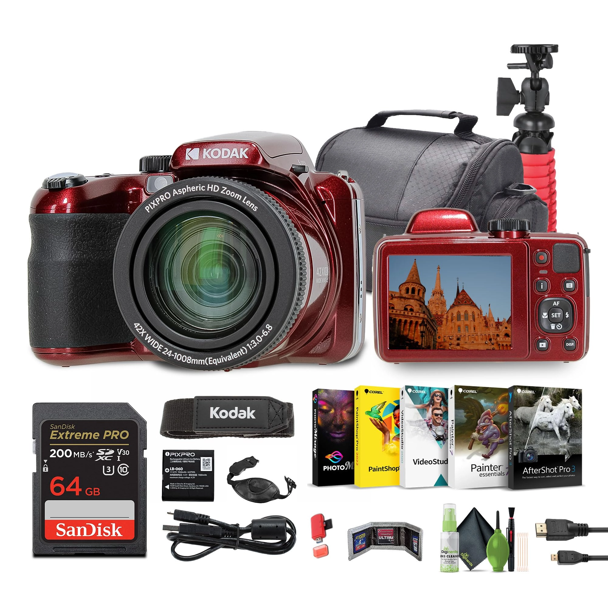 Kodak AZ425 + Cleaning Kit + Memory Card + Hand Strap + Vlogging Tripod + Memory Card Wallet + USB Card Reader + Camera Bag + Corel Photo, Video, & Art Suite Deluxe + Micro HDMI Cable