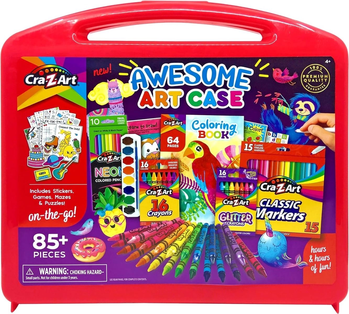 Cra-Z-Art Awesome Arts Case - 85 pieces 16 crayons 16 glitter crayons 10 neon colored pencils 15 fineline markers 8 watercolors 1 paint brush