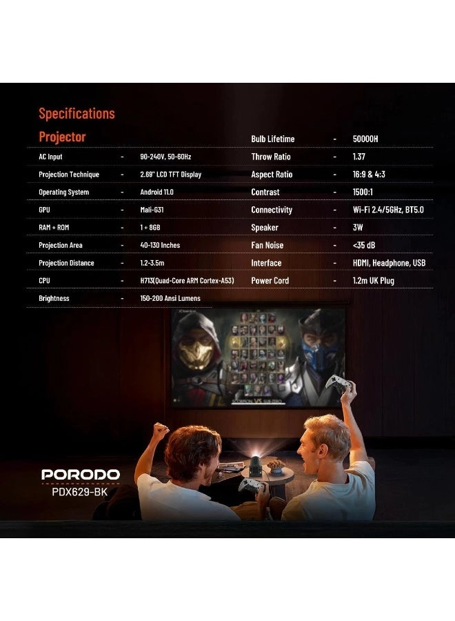 4K Gaming Projector PDX639-BK 150-200 ANSI Lumens