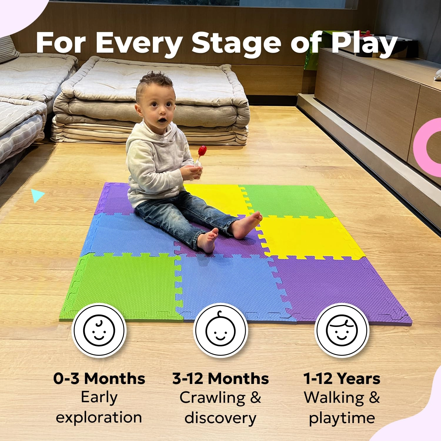 Baby Play Mat - 9 Tiles Cobalt-apricot-pine-gold