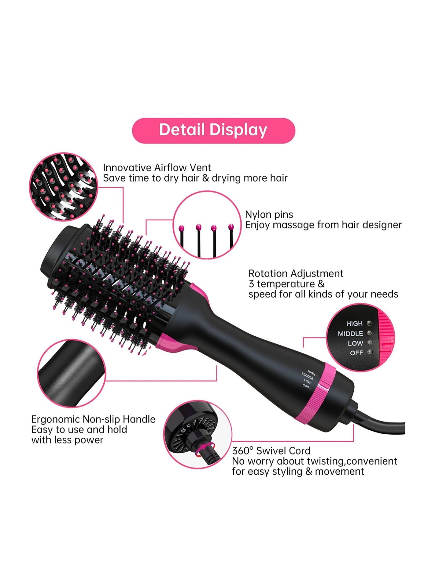 Hair Dryer Brush - 4 in 1 Negative Ion Pink