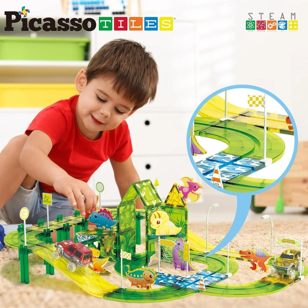 Dinosaur Magnetic Tile Race Car Track - 89 pcs