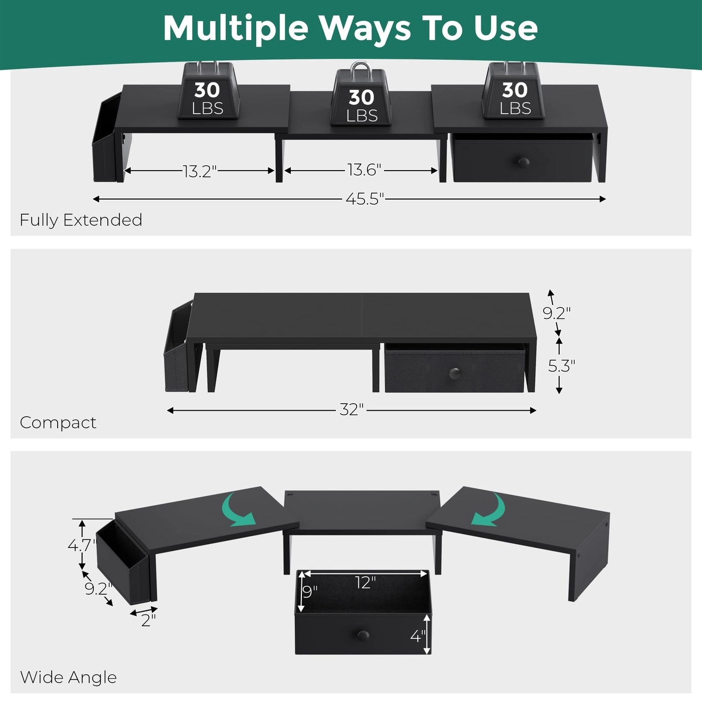 Dual Monitor Stand Riser - Adjustable Length Swivel Angle