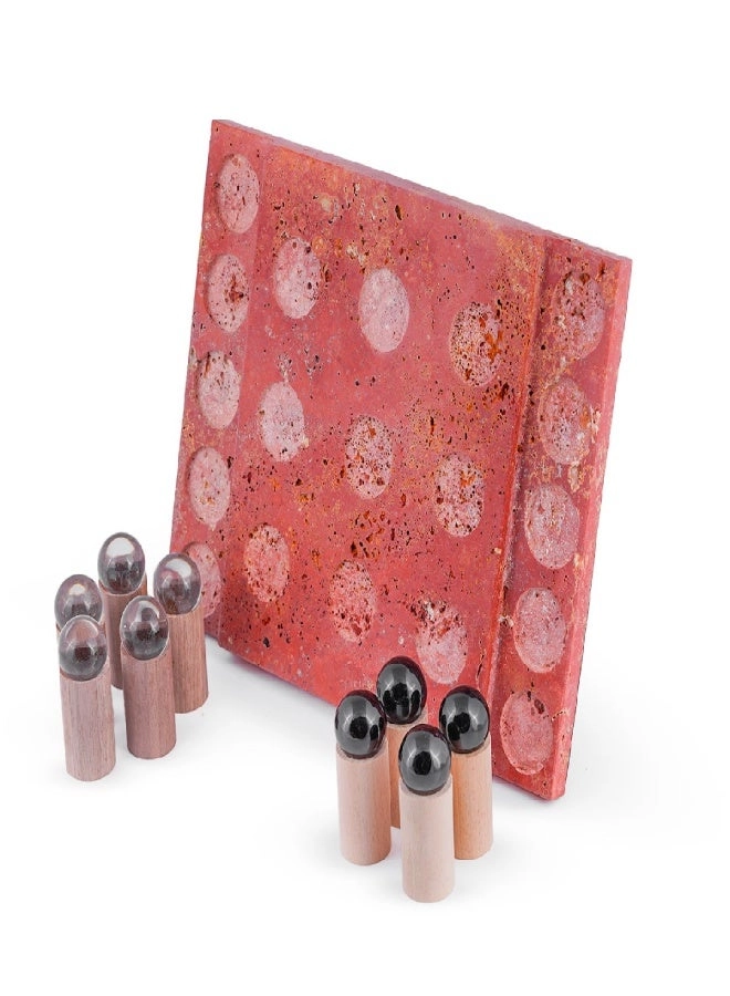 Decorative Marble Peg Game - Red Stone-Like Board Wooden Pegs with Marble/Glass Tops