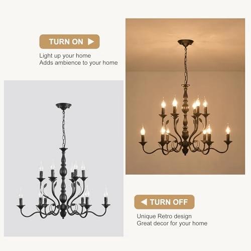 Ceiling Chandelier - French Country Black 12-Lights