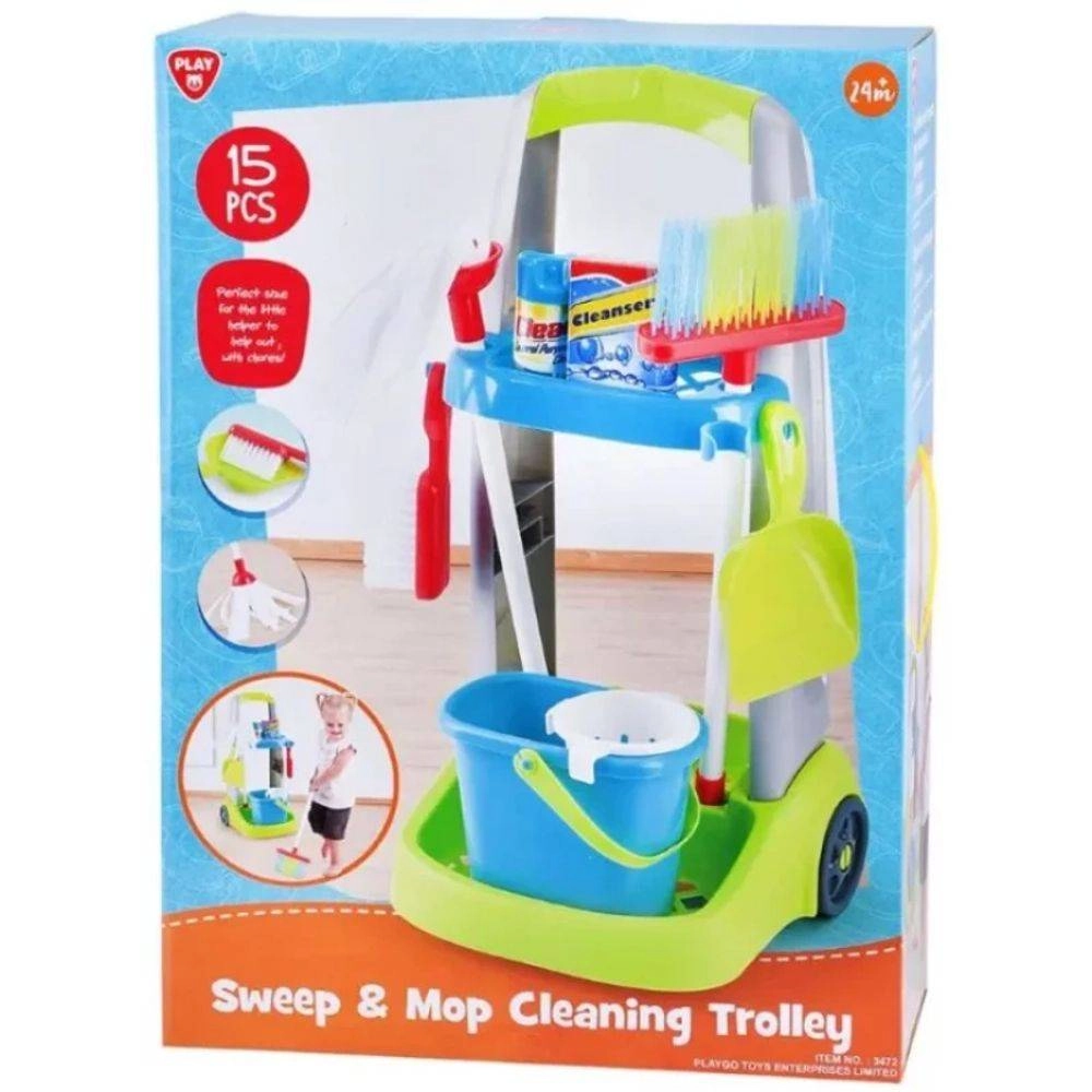 Play&Go Sweep & Mop Cleaning Trolley Playset - 15 pcs