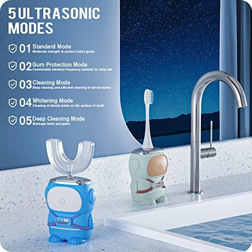 Ultrasonic Kid's U-Shaped Electric Toothbrush - IPX7 Waterproof Five Cleaning Modes 60S Smart Reminder