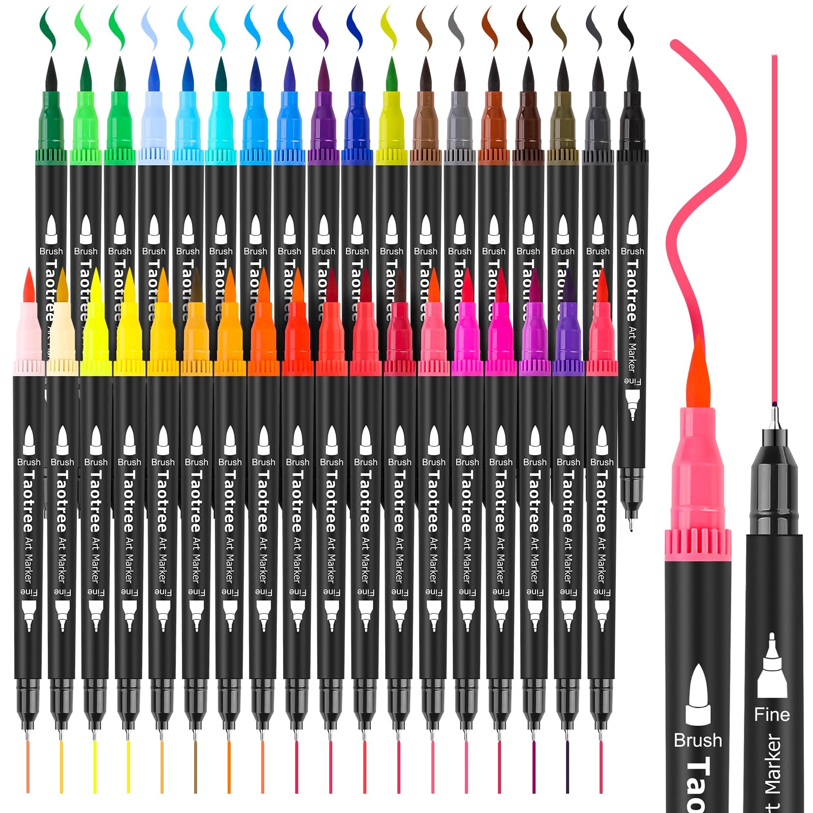 taotree Dual Tip Art Markers Pens - 36 Colors Brush Tip (1-6mm)& Fine Point(0.4mm)