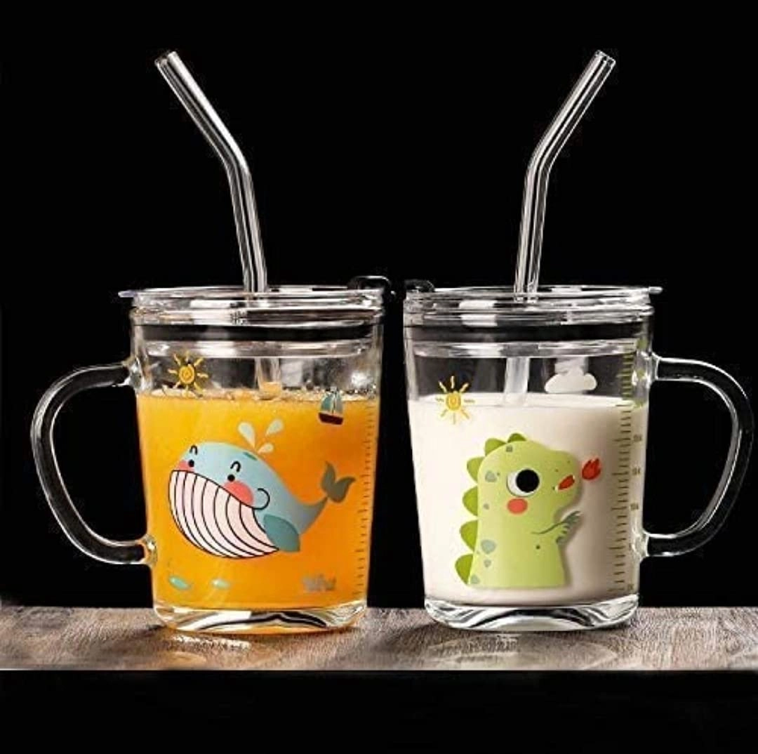 Kids Glass Tumbler - 2 pcs - Straw and Lid - 350 ml