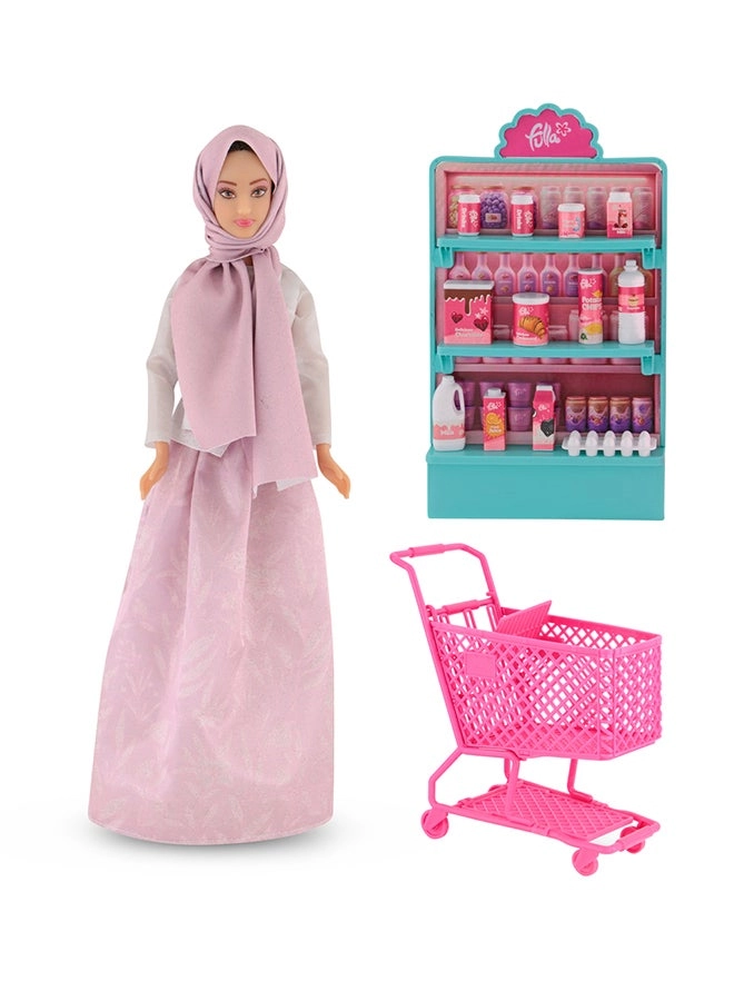 Doll With Shopping Cart - Pretend Grocery Play Includes Bottles