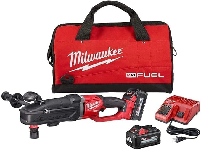 Builders World Wholesale Distribution M18 FUEL SUPER HAWG Right Angle Drill + REDLITHIUM XC5.0 Extended Capacity Battery Pack + M18 & M12 Rapid Charger + Side Handle + Contractor Bag