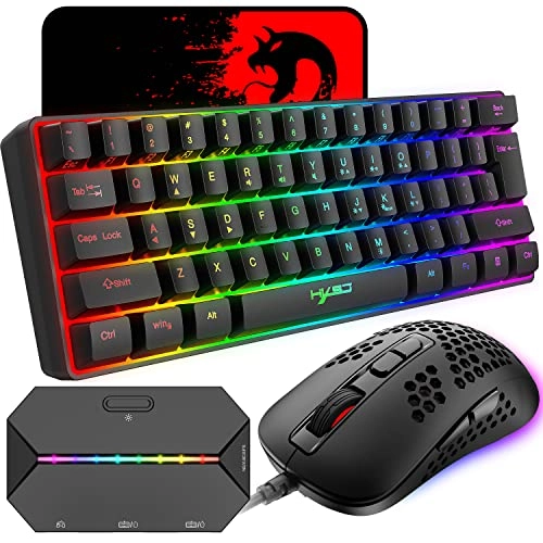 60% Wired Compact Gaming Keyboard - 61 Keys Wired + Honeycomb Gaming Mouse - 2400 DPI + Mouse Adapter - PS4/Xbox - Wired/Wireless