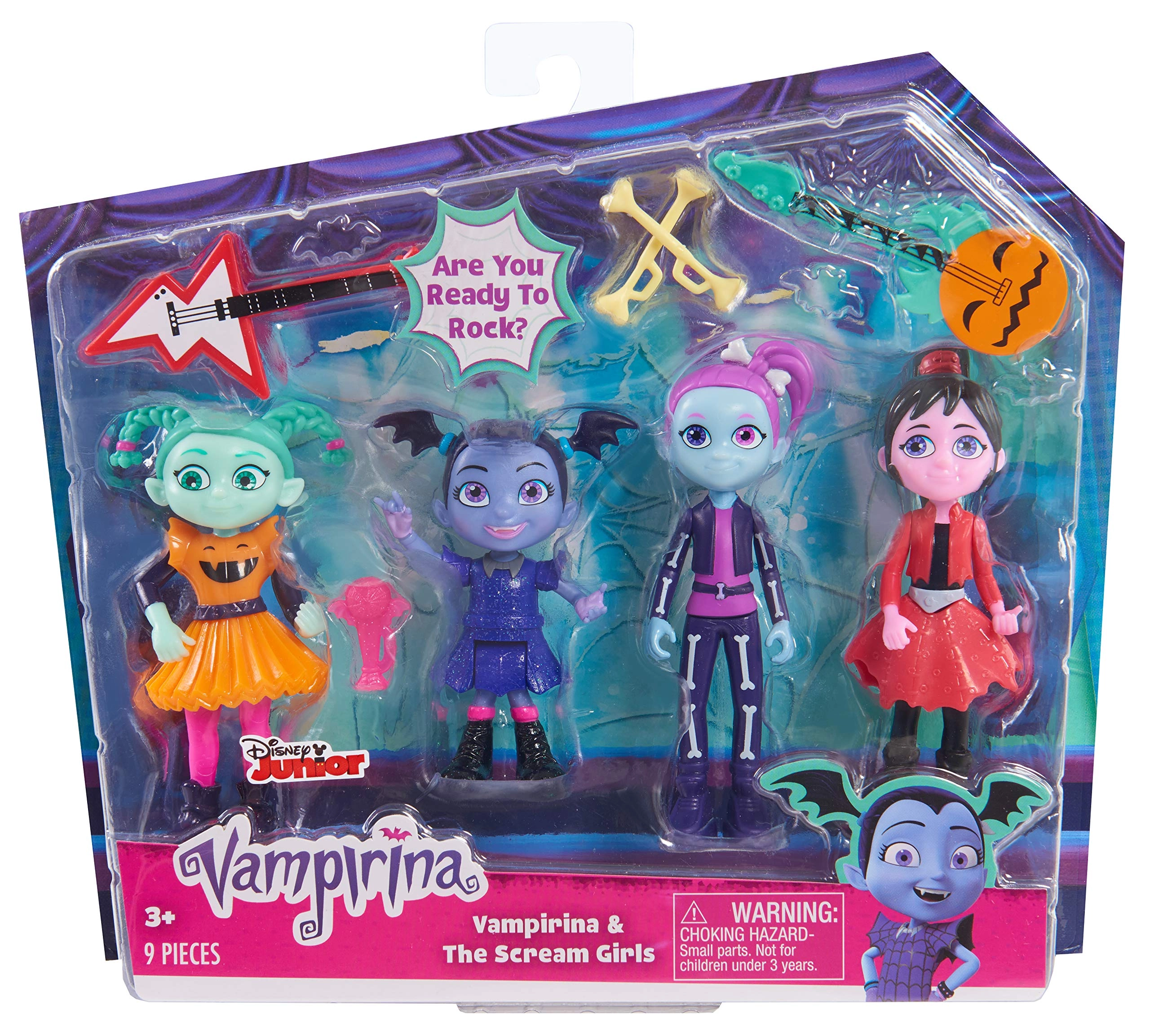 Just Play Vampirina Doll - spookylele + Franken Stacy Doll - guitar + Caroline Doll + Gayle Doll - drum sticks Ages 3+