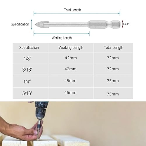 Professional Ceramic Glass and Tile drill bit - High Carbon Steel 4 PC. 1/8" 3/16" 1/4" 5/16"
