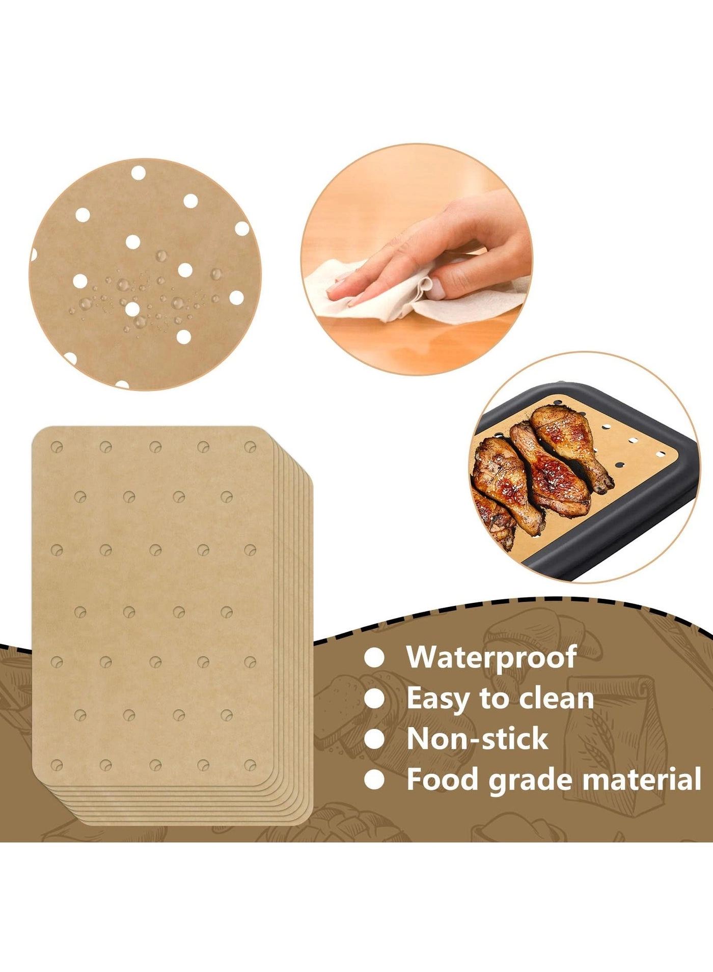 Air Fryer Liners - 100% unbleached natural food-grade wood pulp 200 pieces