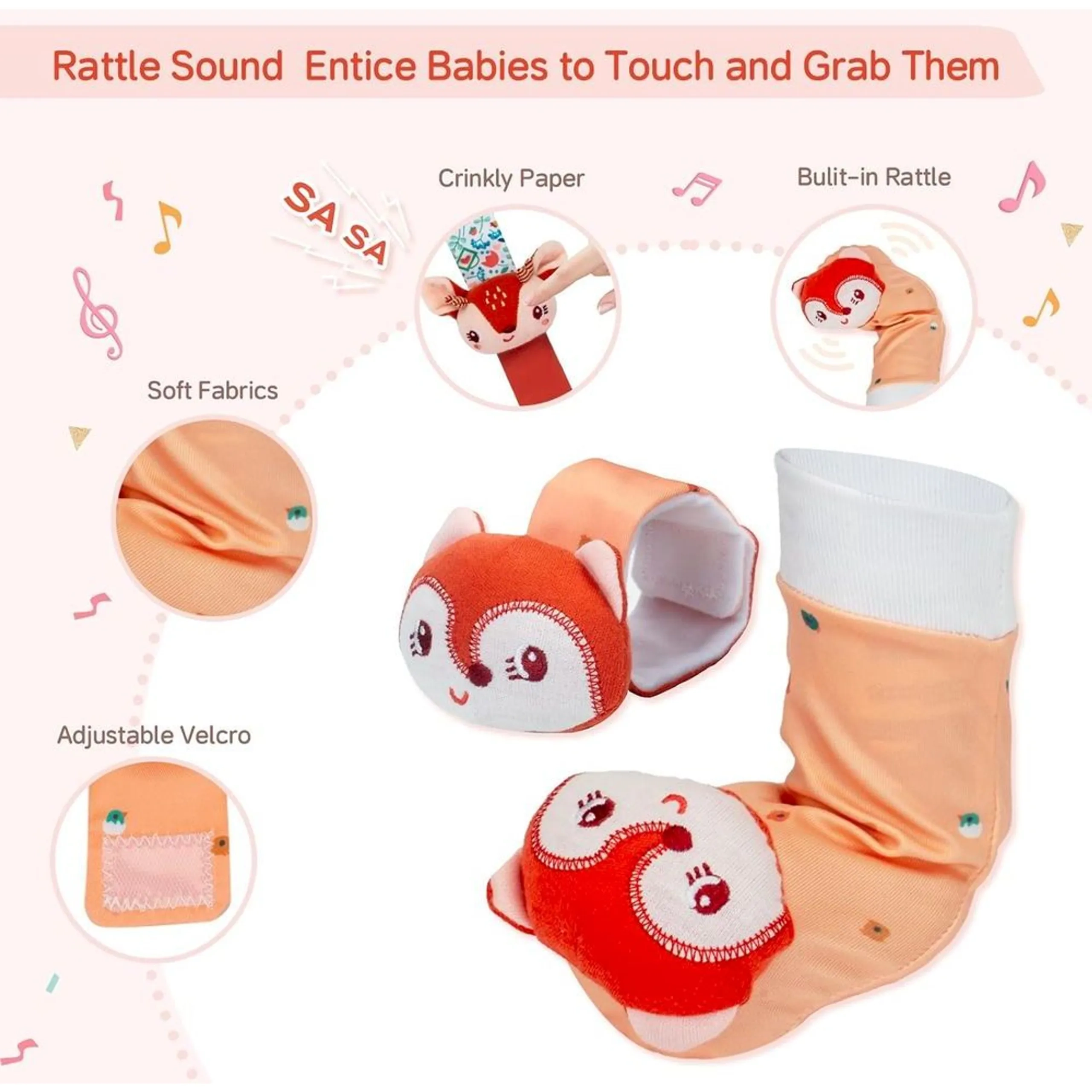 Personalized Wrist Rattle And Foot Finder - Suitable for 0 month & above Fox And Deer
