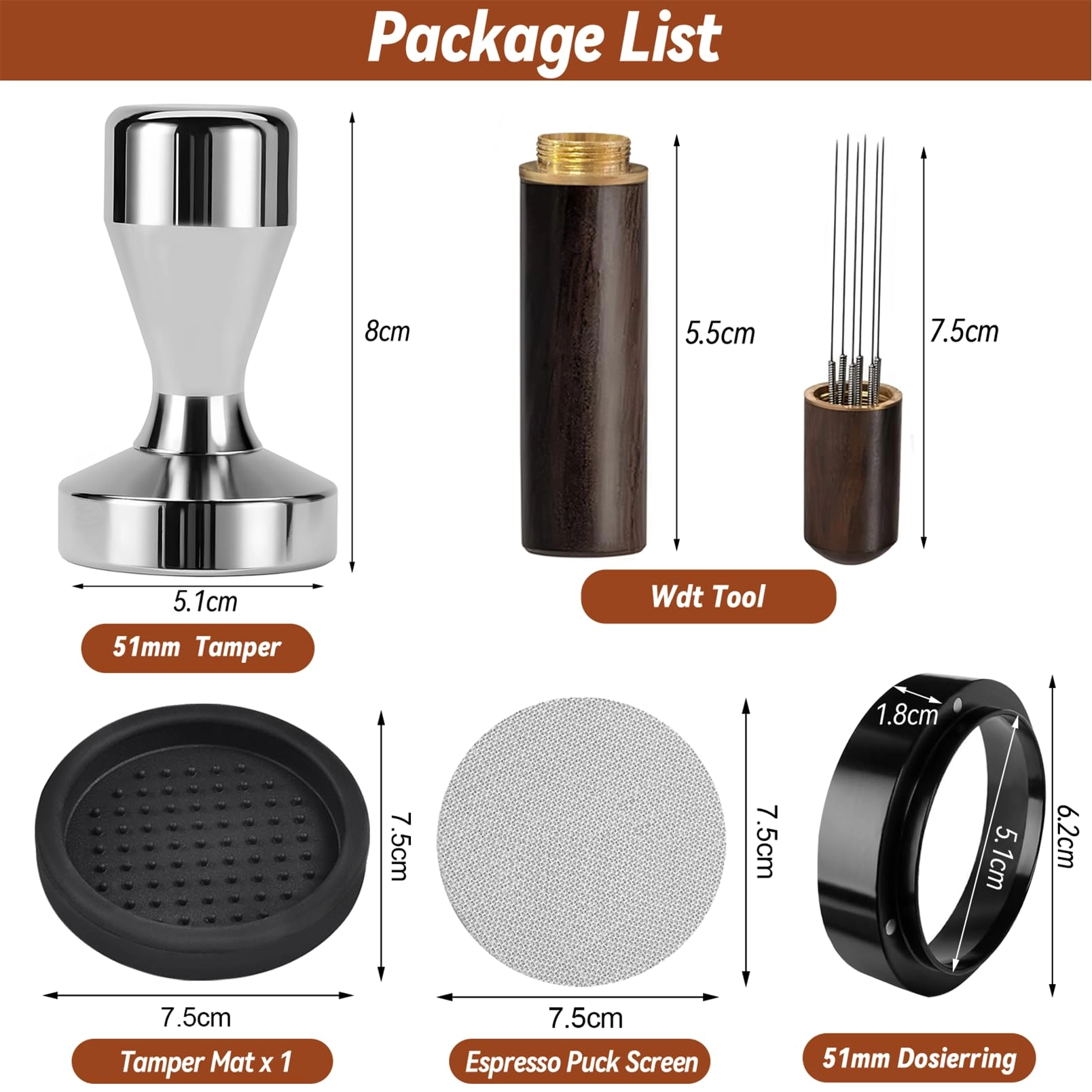 Espresso Tamper + WDT Tool + Espresso Dosing Funnel + Silicone Gel Tamper Mat + Espresso Accessories