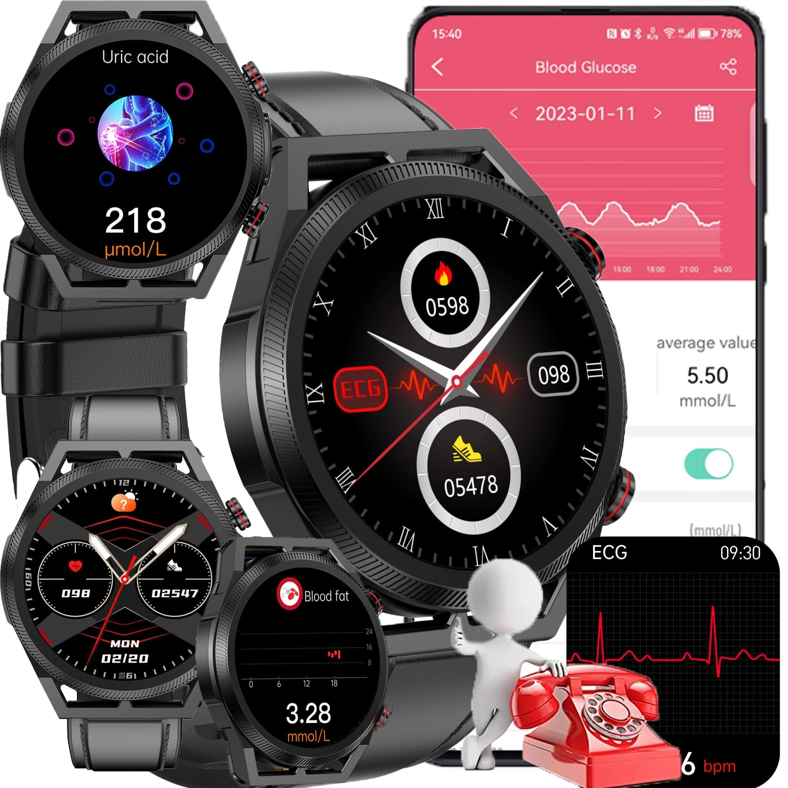 Blood Glucose Smart Watch - ECG HRV 20 Sports Modes