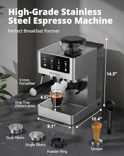 Bean to Cup Coffee Machine - Conical Burr Grinder Milk Frother