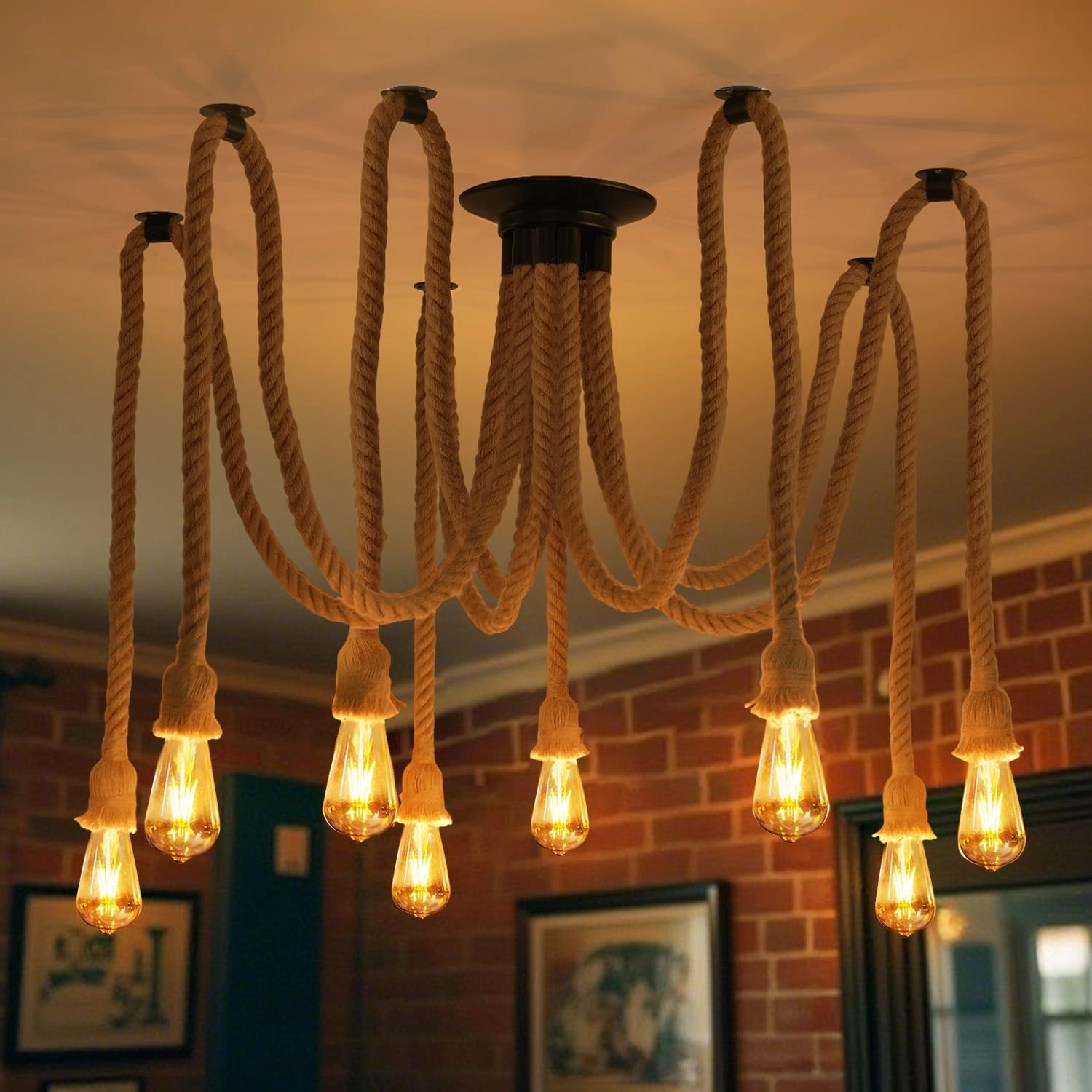 ANWIO Vintage Hemp Rope Chandelier - 8 Lights E27