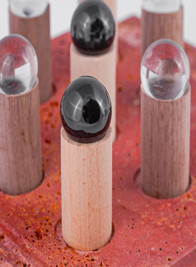 Decorative Marble Peg Game - Red Stone-Like Board Wooden Pegs with Marble/Glass Tops