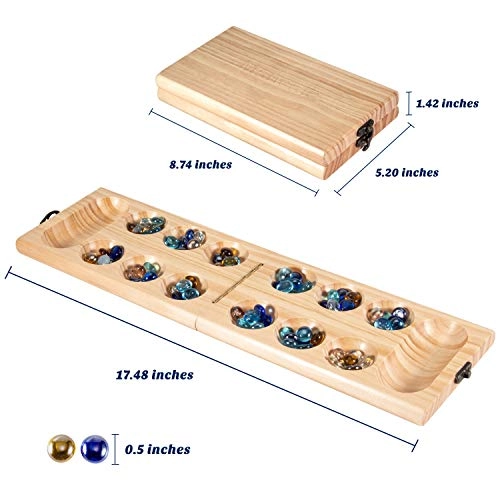 Mancala - Wooden Folding 728 Bonus Multi Color Glass Stones