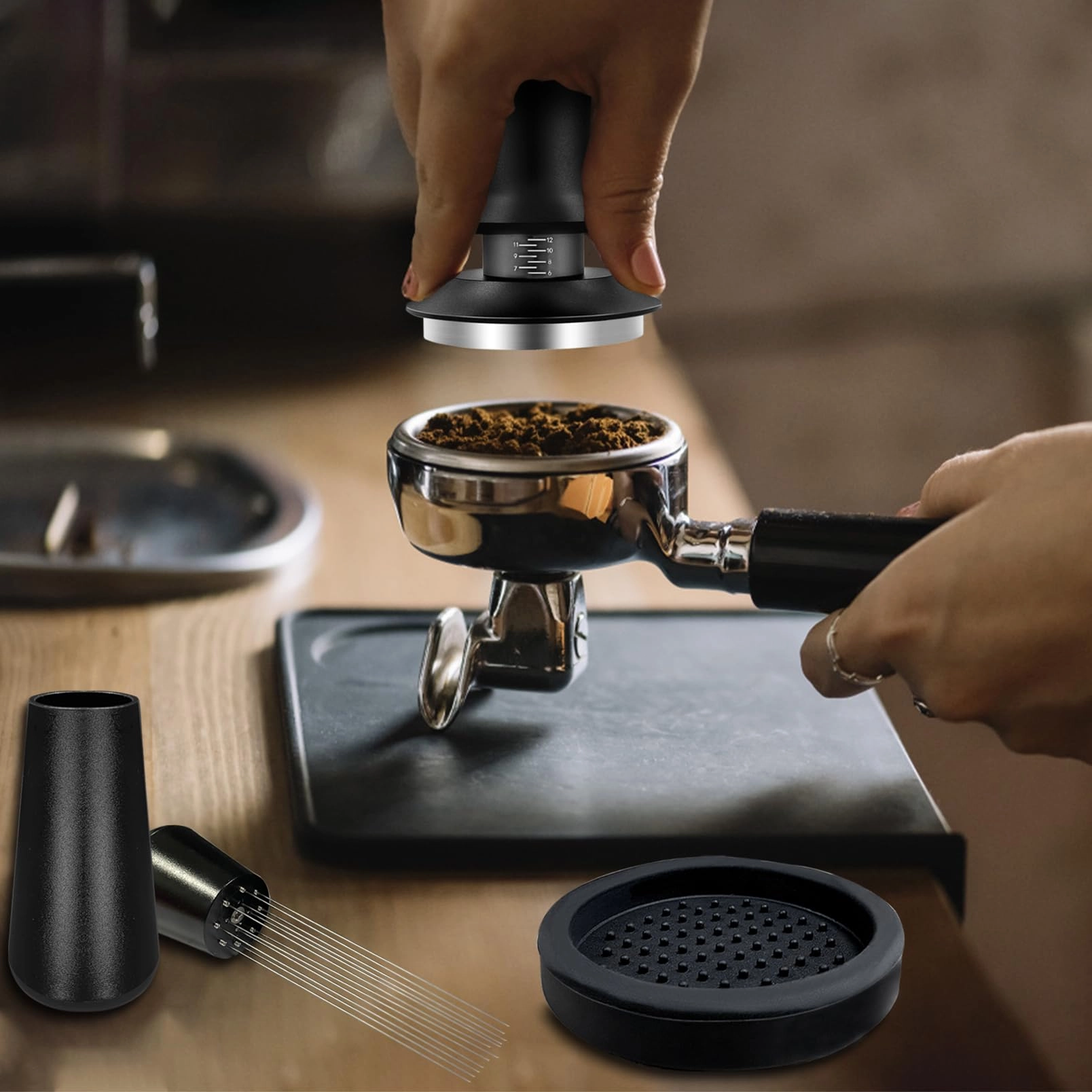 Espresso Tamper + WDT Tool + Espresso Dosing Funnel + Silicone Gel Tamper Mat + Espresso Accessories
