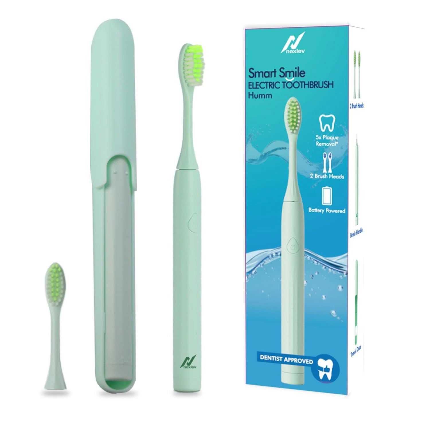Nexlev by Cambium Retail Smart Smile Sonic Electric Toothbrush - 30000 vibrations/min 2 Replaceable Brush Heads Green