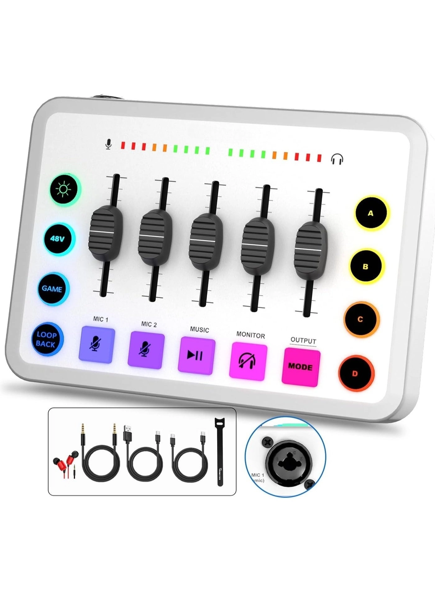 Beauenty Audio Mixer - RGB 48V Phantom Power + 3.5mm Audio Cable + Micro USB Cable + Dual Type-C Cable + Earphone + User’s Manual