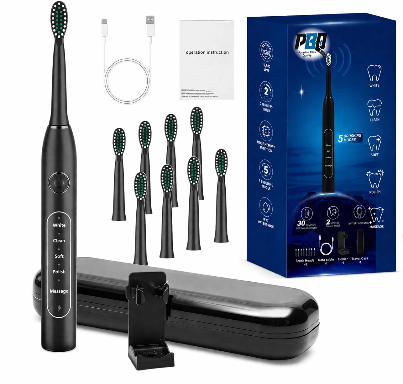 Paradise Bliss Quality PBQSONICTB - 8 Replacement Brush Heads 5 Cleaning Modes IPX7 Waterproof
