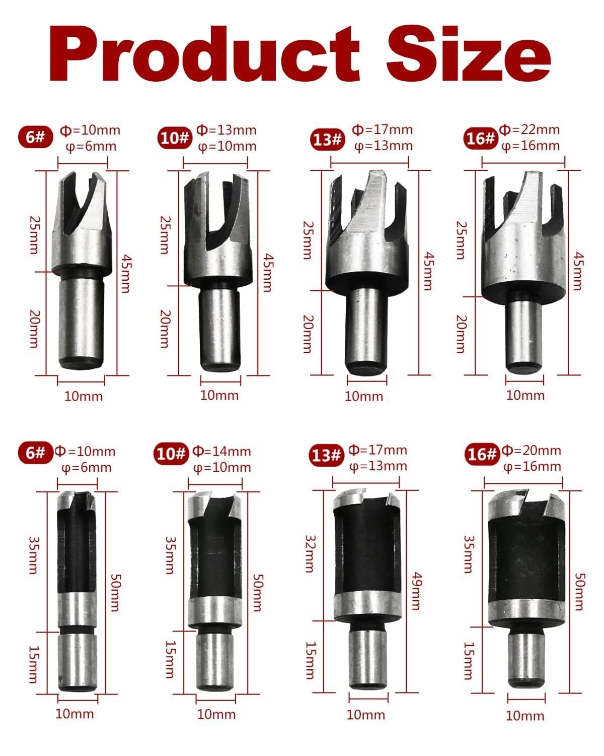 Wood Plug Cutter Drill Bit Set - 6mm 10mm 13mm 16mm 8pcs