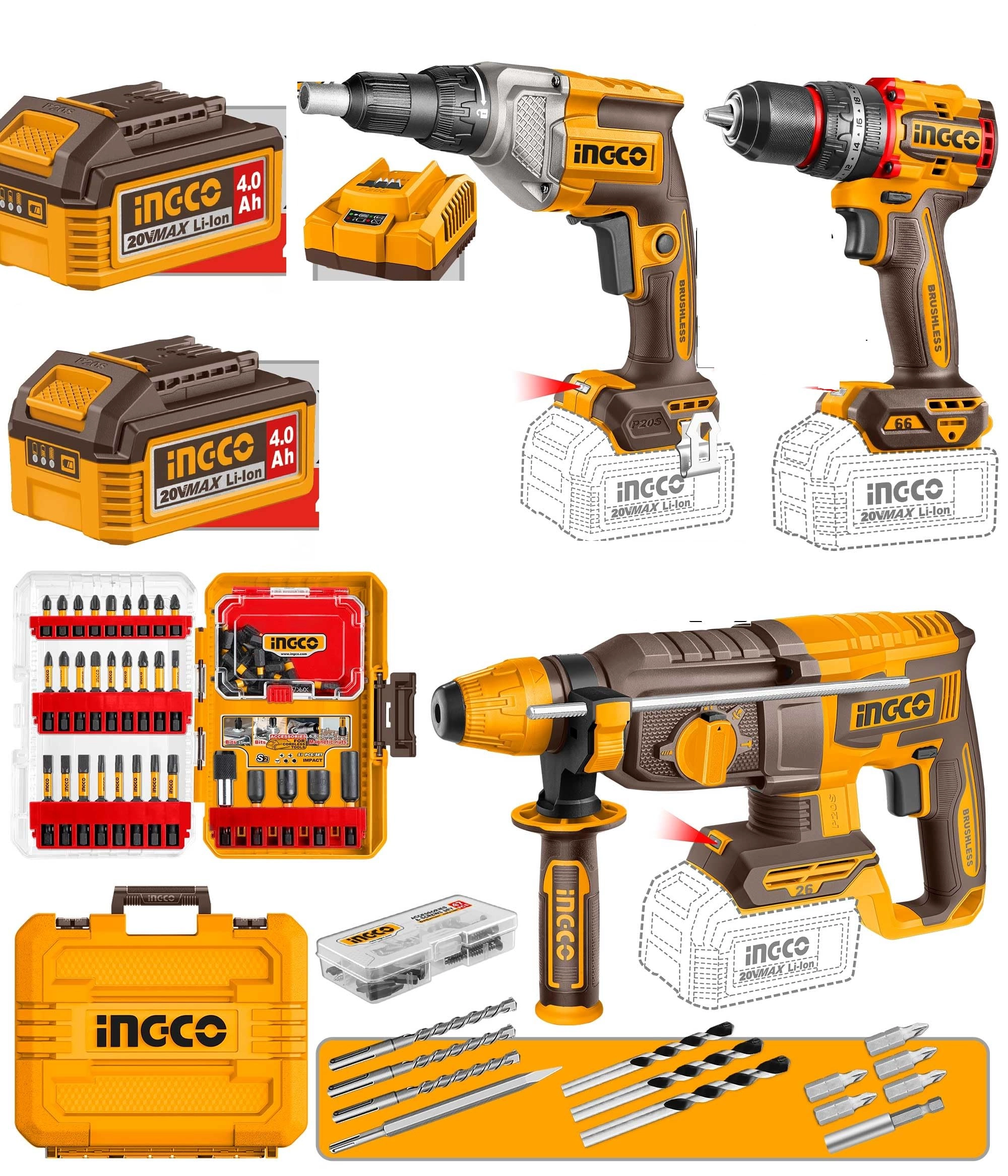 Ingco Compact Brushless Cordless Impact Drill - CIDLI206681 + Cordless drywall screwdriver - CDSLI20428 + Cordless rotary hammer - CRHLI20268